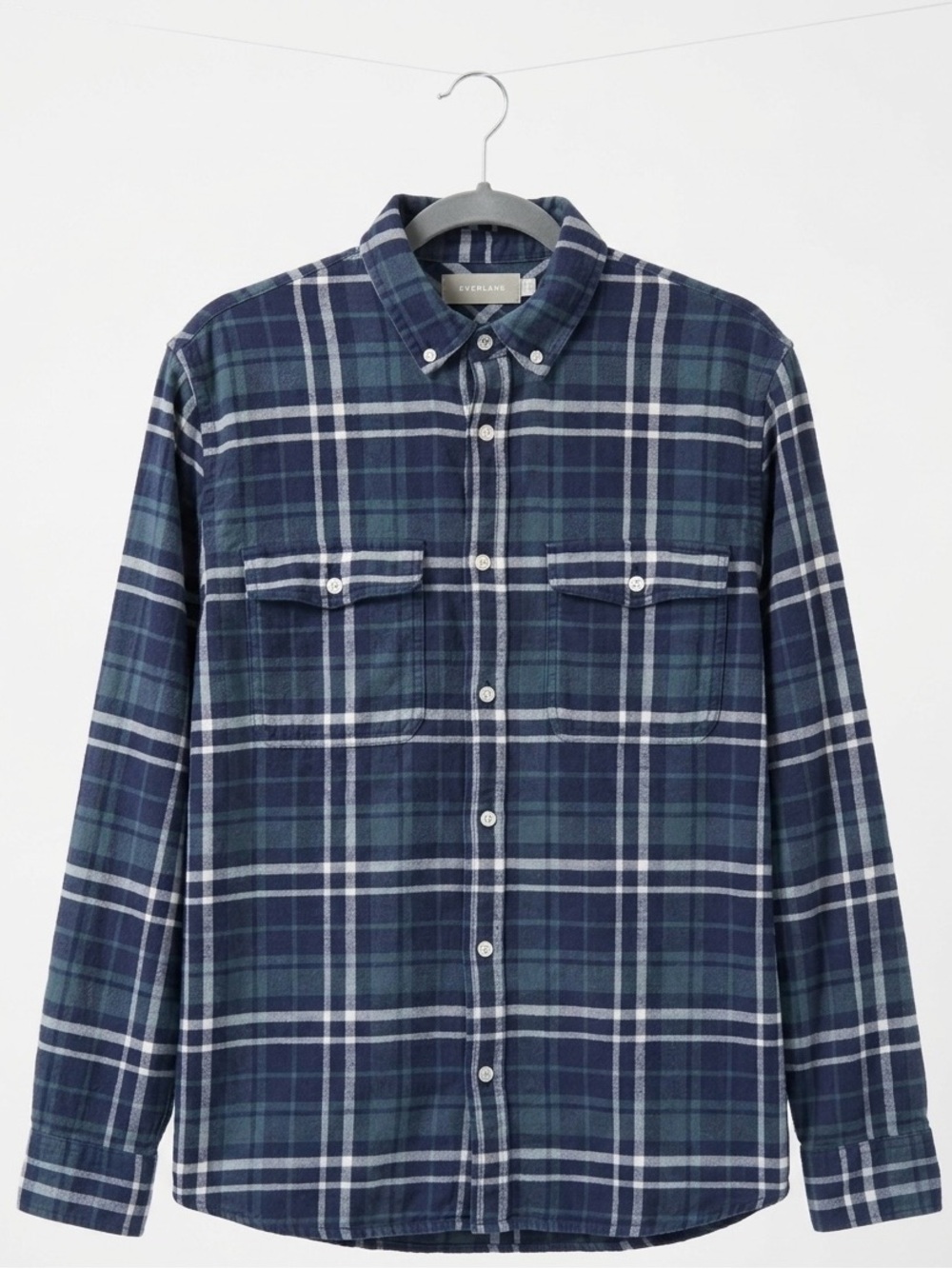 Everlane Men's Heavyweight Flannel Shirt Navy Green Plaid Button Down Size XL